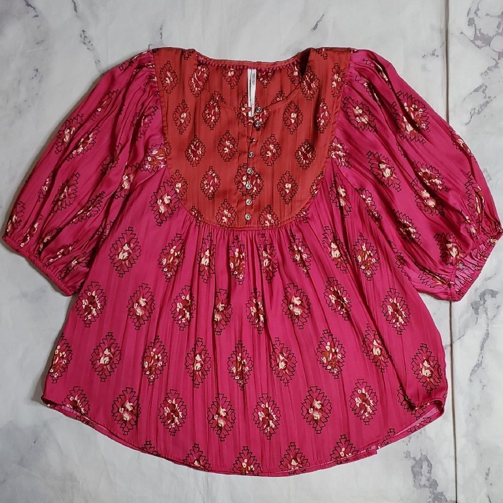 Anthropologie Pink and Rust Floral Peasant Blouse